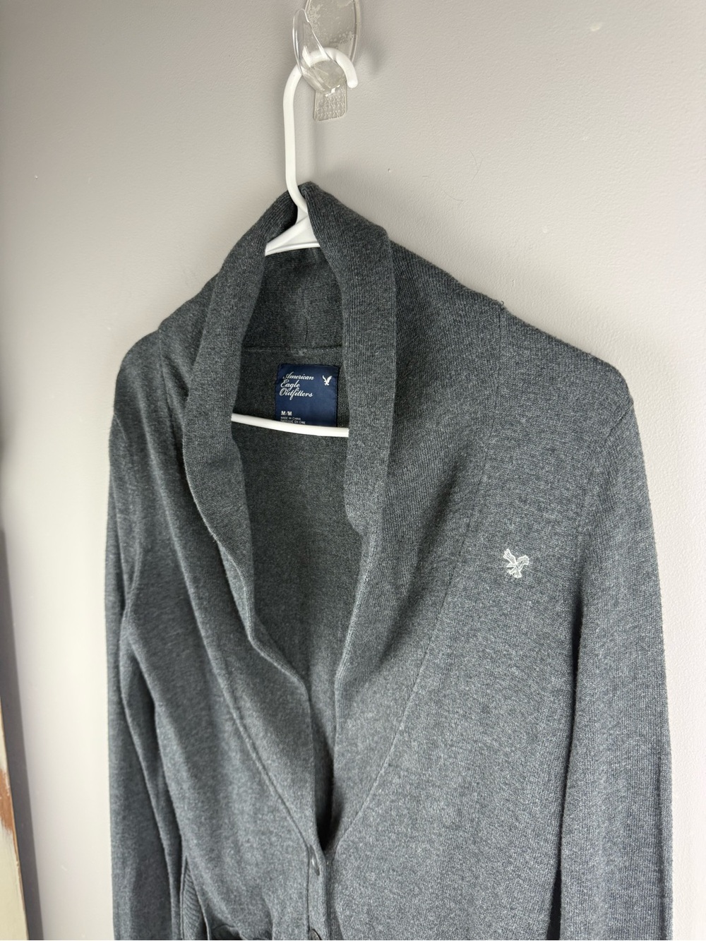 American Eagle Womens Charcoal Grey Shawl Collar Button Up Cardigan SZ M Y2K